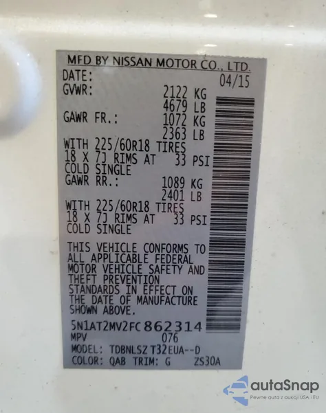 2015 Nissan Rogue S from USA, damaged, VIN 5N1AT2MV2FC862314